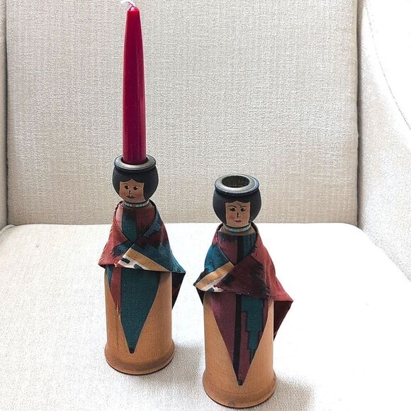 Handcrafted Solid Wood Native American Women Taper Candleholders Set of 2 - Picture 2 of 12